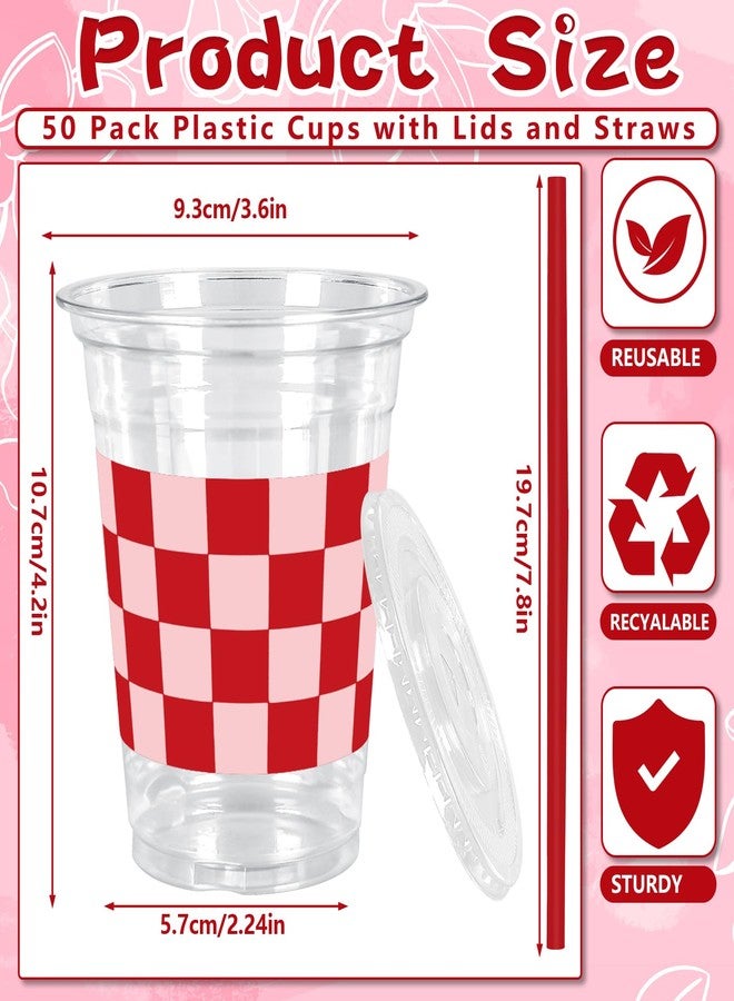 JarThenaAMCS 50Pcs Valentine's Day Plastic Cups with Lids Straws Drinking Cup 12oz Pink Red Checkered Heart Disposable Cups for Wedding Anniversary Valentine Party - Image 2